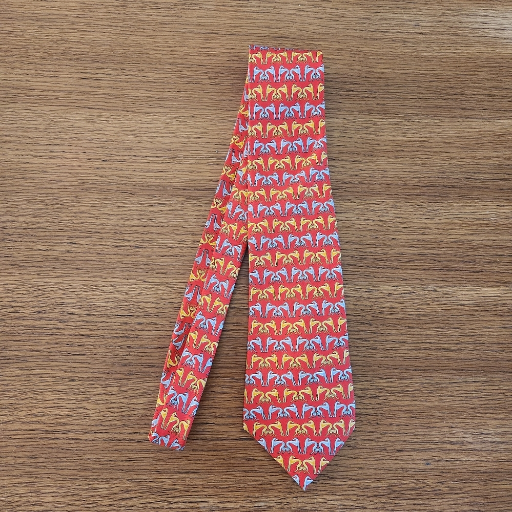 LANVIN Paris Men's 100% Silk Tie Red with Gray and Yellow Greyhound Print